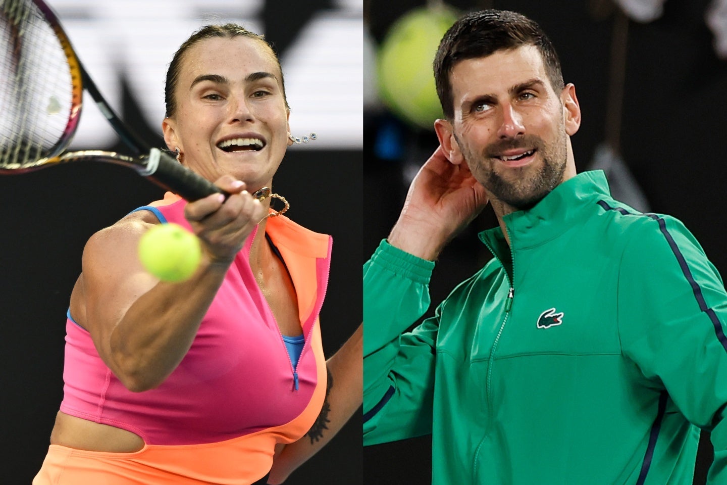 全豪OPでサバレンカ（左）が四大大会でのタイブレーク20連勝を達成。記録を抜かれたジョコビッチ（右）は、親交の深さを感じさせるユーモア交じりの反応を見せた。（C）Getty Images