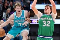 １月の月間最優秀新人に選ばれたホーネッツのカニップル(左)とマーベリックスのフラッグ(右)。(C)Getty Images