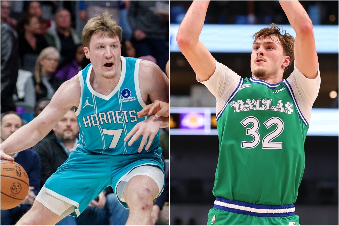 １月の月間最優秀新人に選ばれたホーネッツのカニップル(左)とマーベリックスのフラッグ(右)。(C)Getty Images