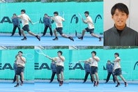 テイクバックは手で引かず肩甲骨を寄せるイメージ（２コマ目）という小倉孝介プロ。そして股関節を折り込み、前に解放することで、ボールをつぶして力強いエッグボールを打てる（４～６）。(C)THE DIGEST