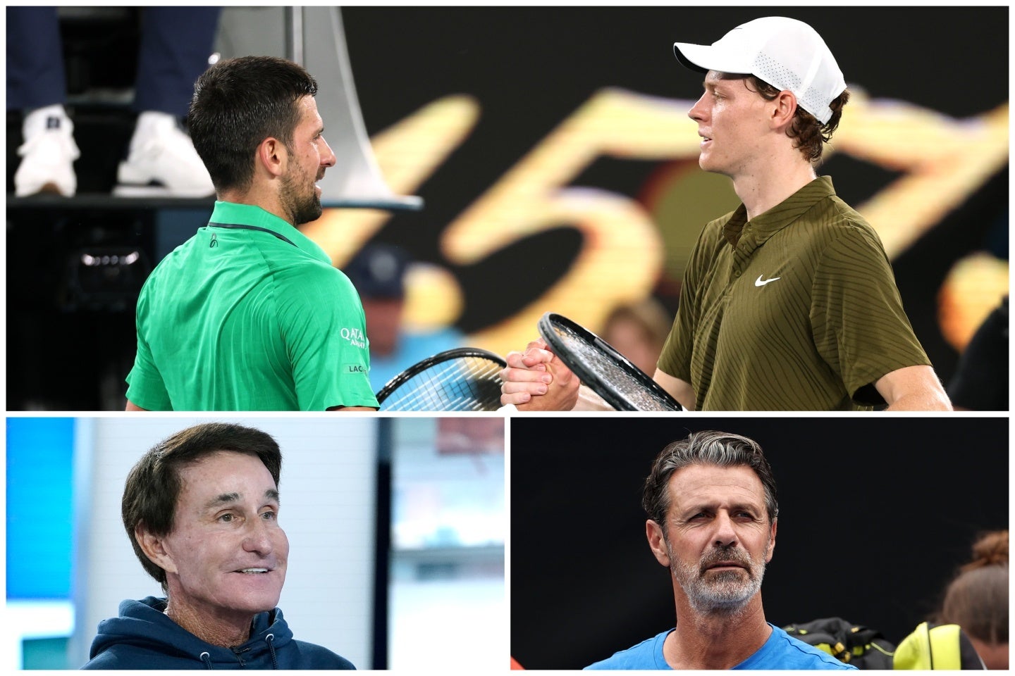 ムラトグル氏（右下）のジョコビッチ評価が波紋を広げている。シナーとの全豪準決勝（上）の見解に対し、レジェンドや名伯楽のメイシー氏（左下）から異論が相次いだ。（C）Getty Images