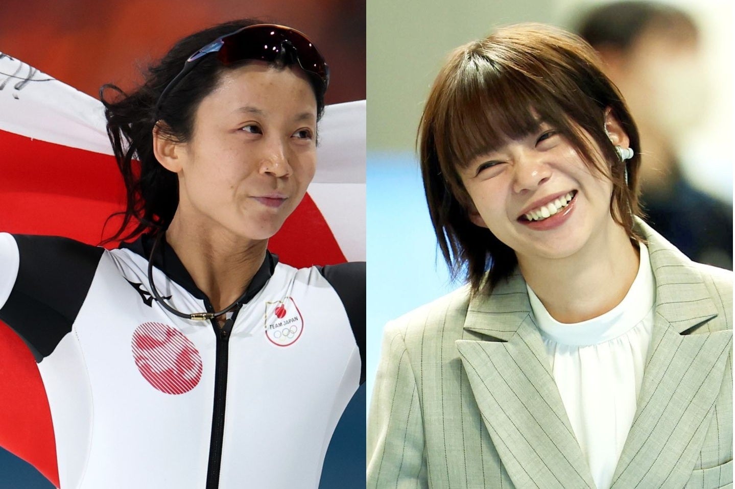 姉の高木菜那さん（右）から妹の美帆（左）へエールが贈られた。写真：Gettty Images（左）、スポーツ報知／アフロ（右）