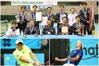 上＝テニス日本リーグ男子、３年ぶり５度目の優勝を飾ったイカイ。左下＝ケガを押して出場したS2の徳田廉大。右下＝橋本総業HDの福田は足をつりながら先勝。写真：滝川敏之