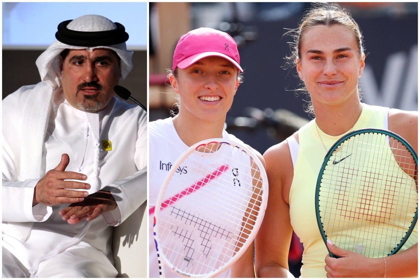 ドバイ大会ディレクターのタフラク氏（左）は、シフィオンテク（中央）とサバレンカ（右）の直前欠場を受け、より厳しい罰則の必要性を訴えた。（C）Getty Images