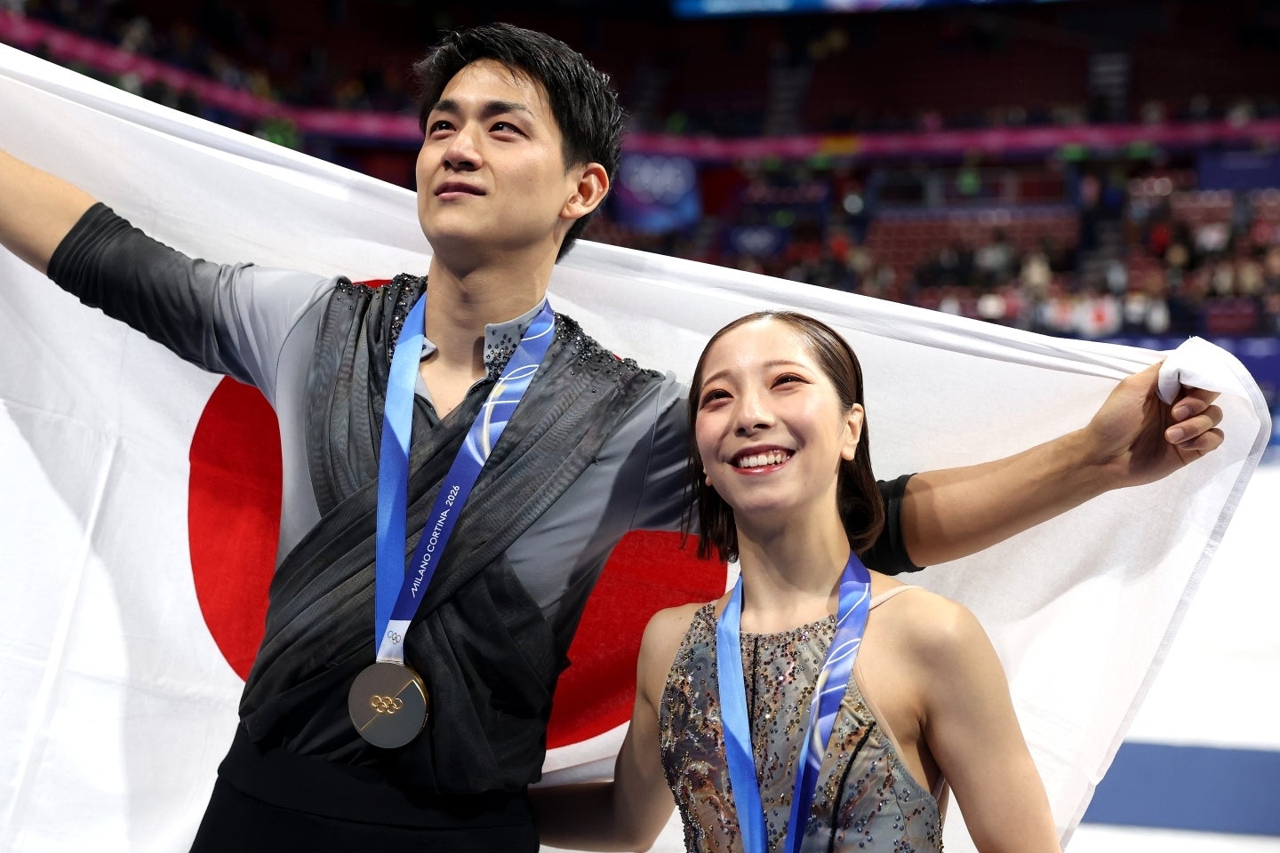 ミラノ・コルティナ五輪フィギュアスケート・ペアで、三浦璃来と木原龍一の“りくりゅう”ペアが圧巻演技で金メダルを獲得した。(C)Getty Images