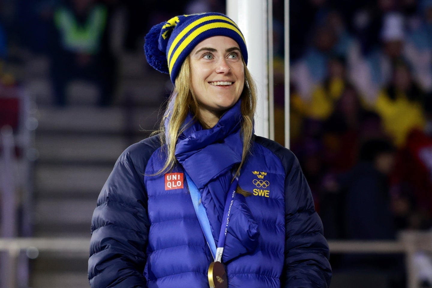 クロスカントリースキー女子50キロクラシカルを制したエバ・アンダション。右胸にはユニクロの６文字が映る。(C)Getty Images