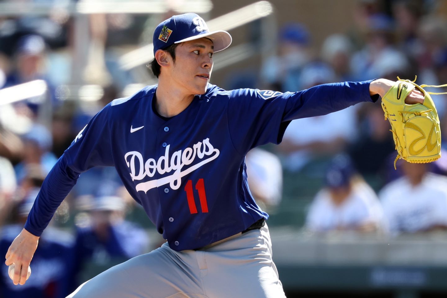 今季オープン戦初登板を果たしたドジャースの佐々木。(C)Getty Images