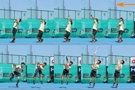 小倉孝介プロのキックサービス。ボールに対して７～８時の位置からラケット面を入れ（７コマ目）、右に放り投げるイメージで面を思い切り返すと（８）、外に跳ねていく回転がかかる。(C)THE DIGEST