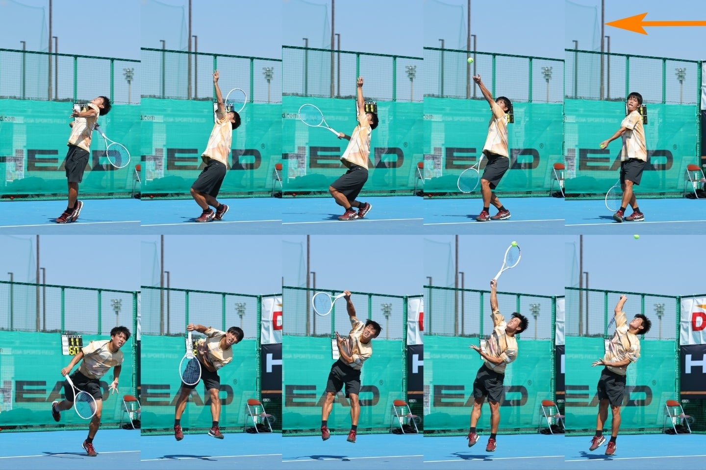 小倉孝介プロのキックサービス。ボールに対して７～８時の位置からラケット面を入れ（７コマ目）、右に放り投げるイメージで面を思い切り返すと（８）、外に跳ねていく回転がかかる。(C)THE DIGEST