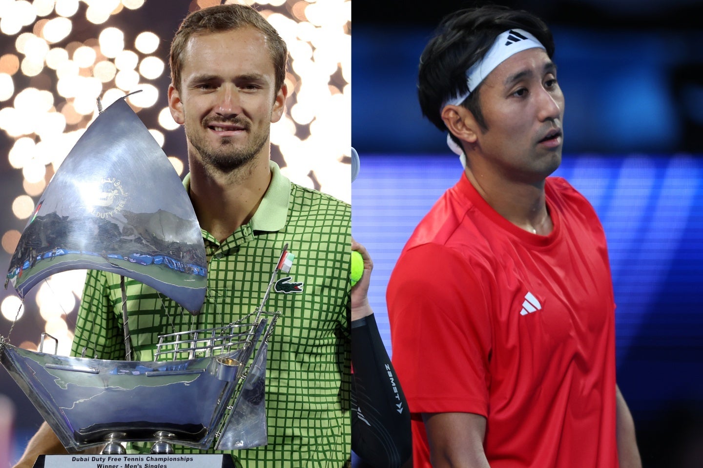 軍事攻撃に伴うUAE領空閉鎖により、先週のドバイ大会で優勝を飾ったメドベージェフ（左）らが現地で足止め。内山（右）も不安の中、大会へ向け調整を続けている。（C）Getty Images