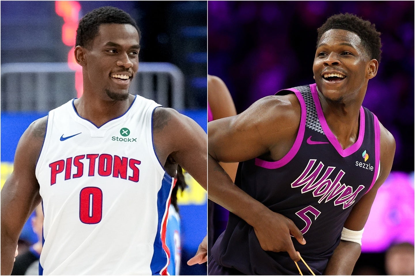 今季第19週のMVPに選ばれたピストンズのデューレン(左)とウルブズのエドワーズ(右)。(C)Getty Images