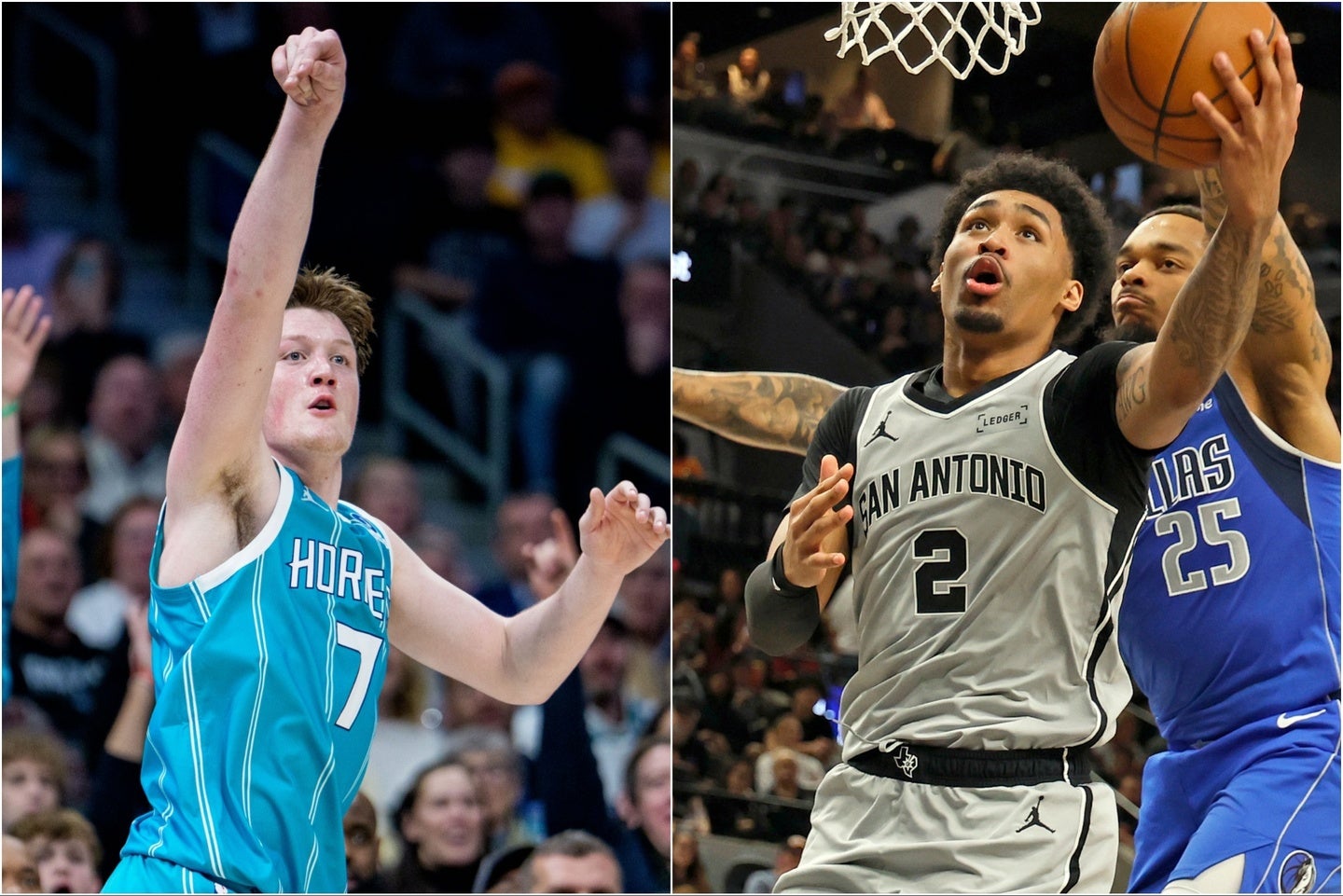 ２月の月間最優秀新人に選ばれたホーネッツのカニップル(左)とスパーズのハーパー(右)。(C)Getty Images