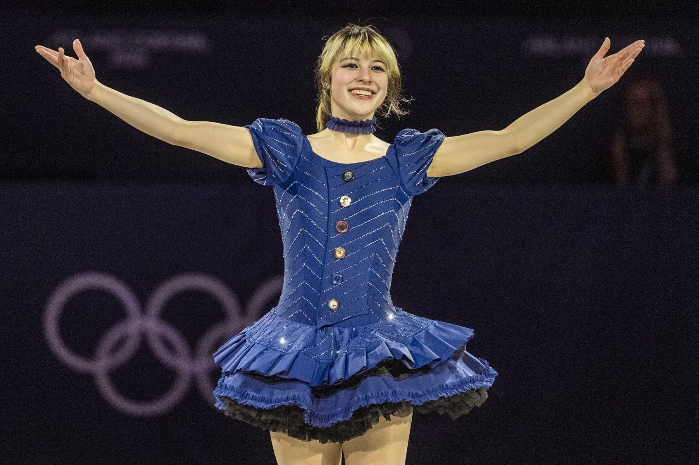 五輪エキシビで可憐に舞ったリウ。ネイビーの衣装は大好きなアニメ作品の主人公に着想を得ていた。(C)Getty Images