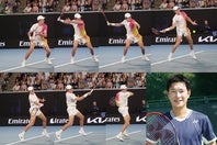 フォンセカは、後ろ足に体重を乗せてしっかりためを作り（２コマ目）、そのエネルギーをスイングの際に地面を蹴り上げる形で解放し、インパクトに最大限伝えている（５コマ目）。右下は近藤大生氏。写真：真野博正、滝川敏之