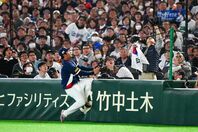 闘志むき出しでボールを追い、柵に激突したムン・ボギョン。大事に至らなくて何よりだった。(C)Getty Images