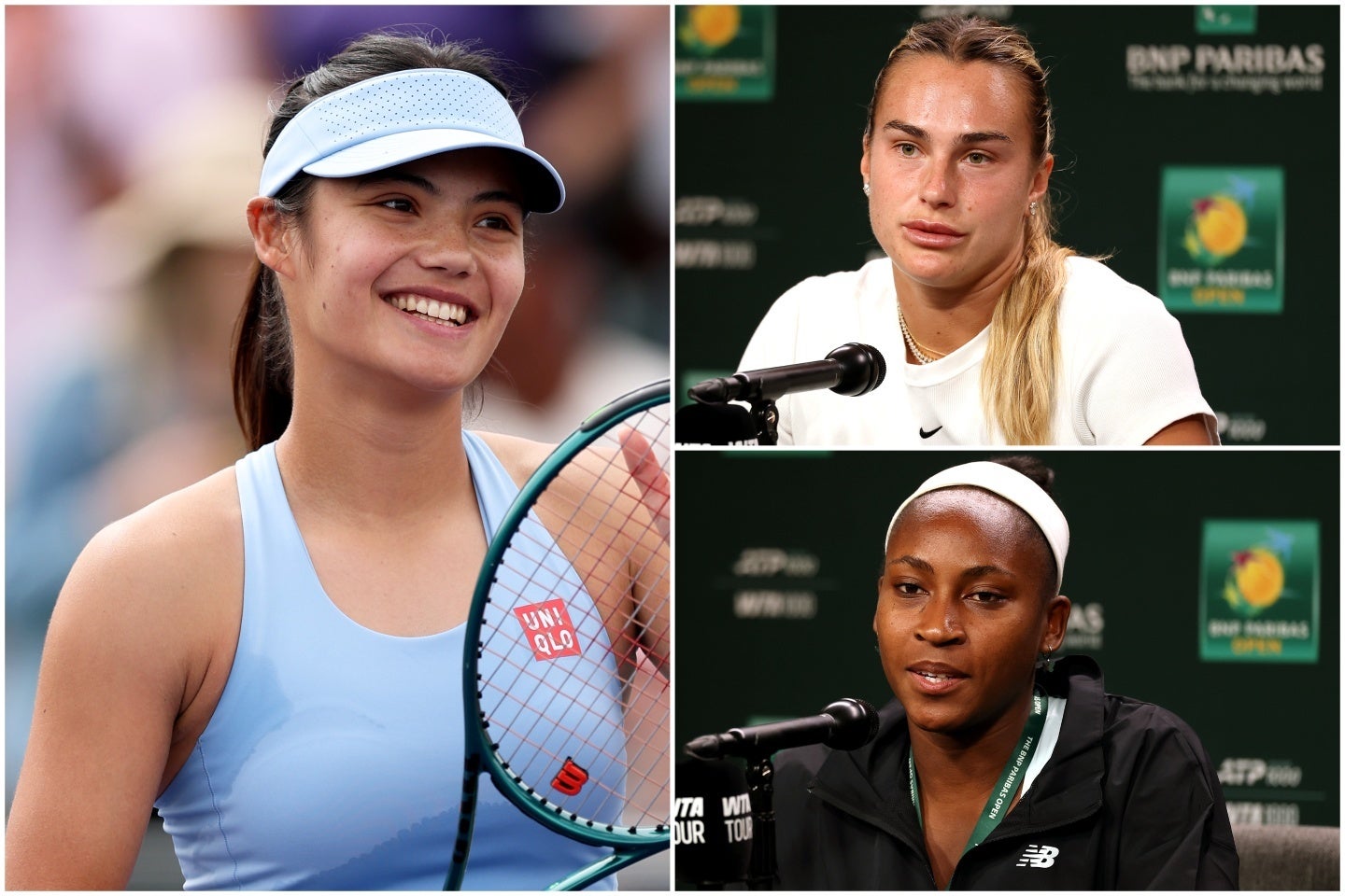 専属コーチを置かず、自分の直感を取り戻すことを優先する方針を明かしたラドゥカヌ（左）。この決断にサバレンカ（右上）やガウフ（右下）らトップ選手が率直な意見を語った。（C）Getty Images