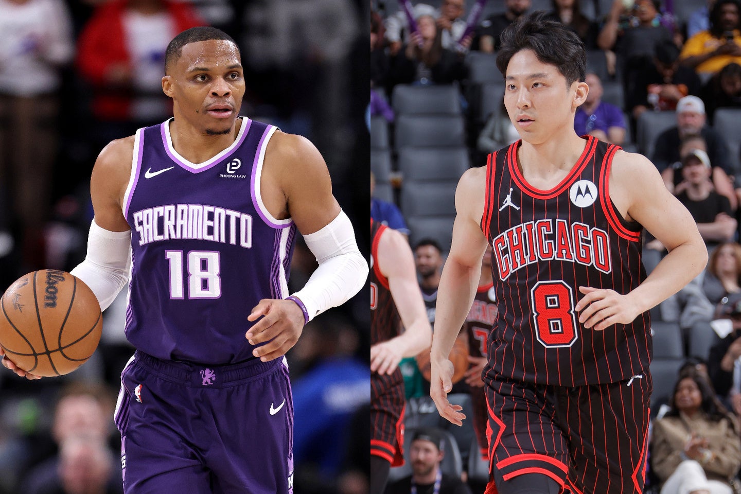 河村(右)がウエストブルック(左)を相手に闘志あふれるプレーを見せた。(C)Getty Images