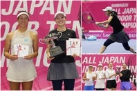 写真左＝シングルスを制した木下晴結（右）と準優勝の柴原瑛菜（左）。写真右上＝鋭いショットでペースを握った木下。写真右下＝複準優勝の齋藤咲良／木下、優勝のランセレ／コストウラス（左から）。写真提供：京都府テニス協会（撮影：眞野博正）
