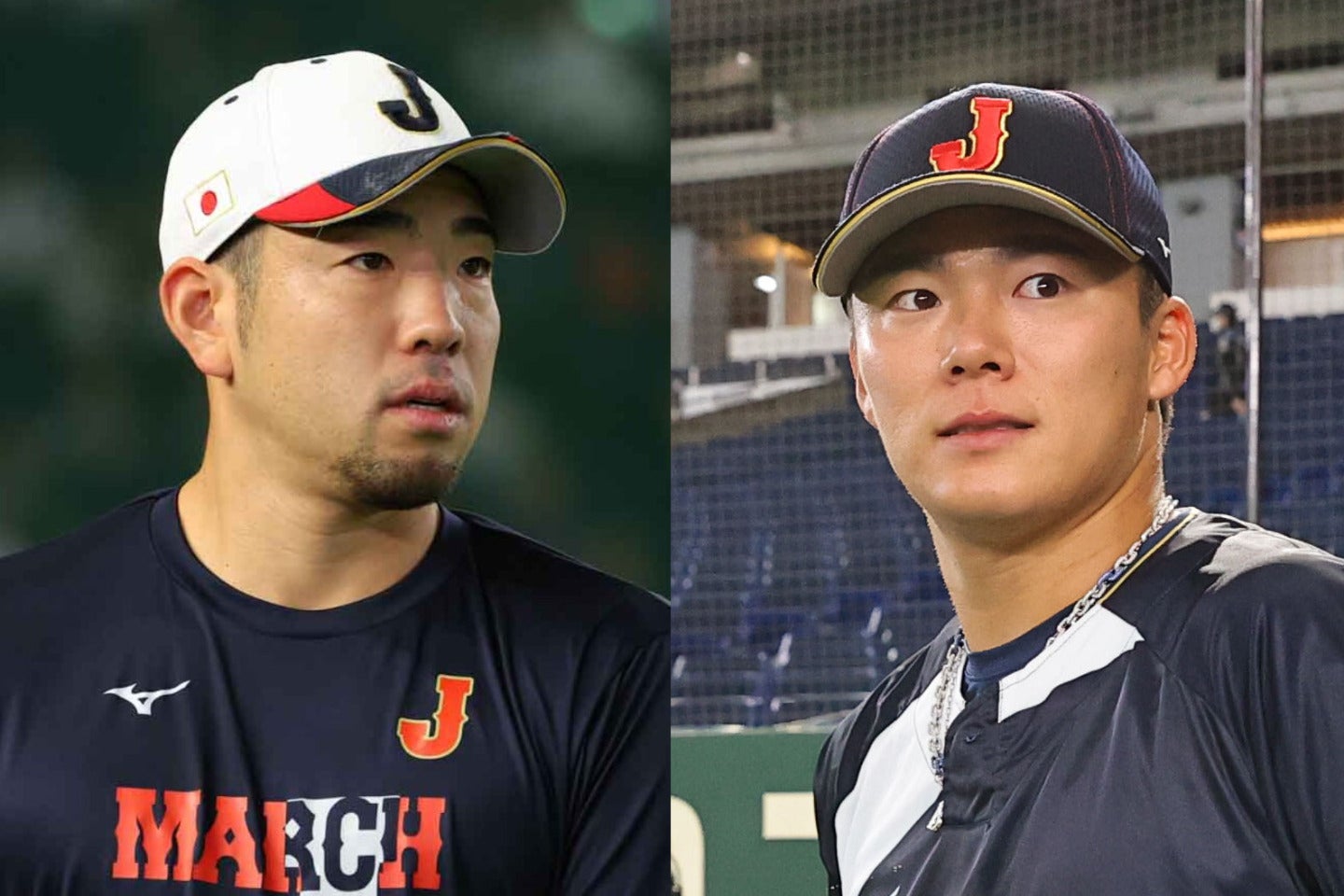侍ジャパンの菊池（左）と山本（右）の姿。写真：梅月智史（THE DIGEST写真部）
