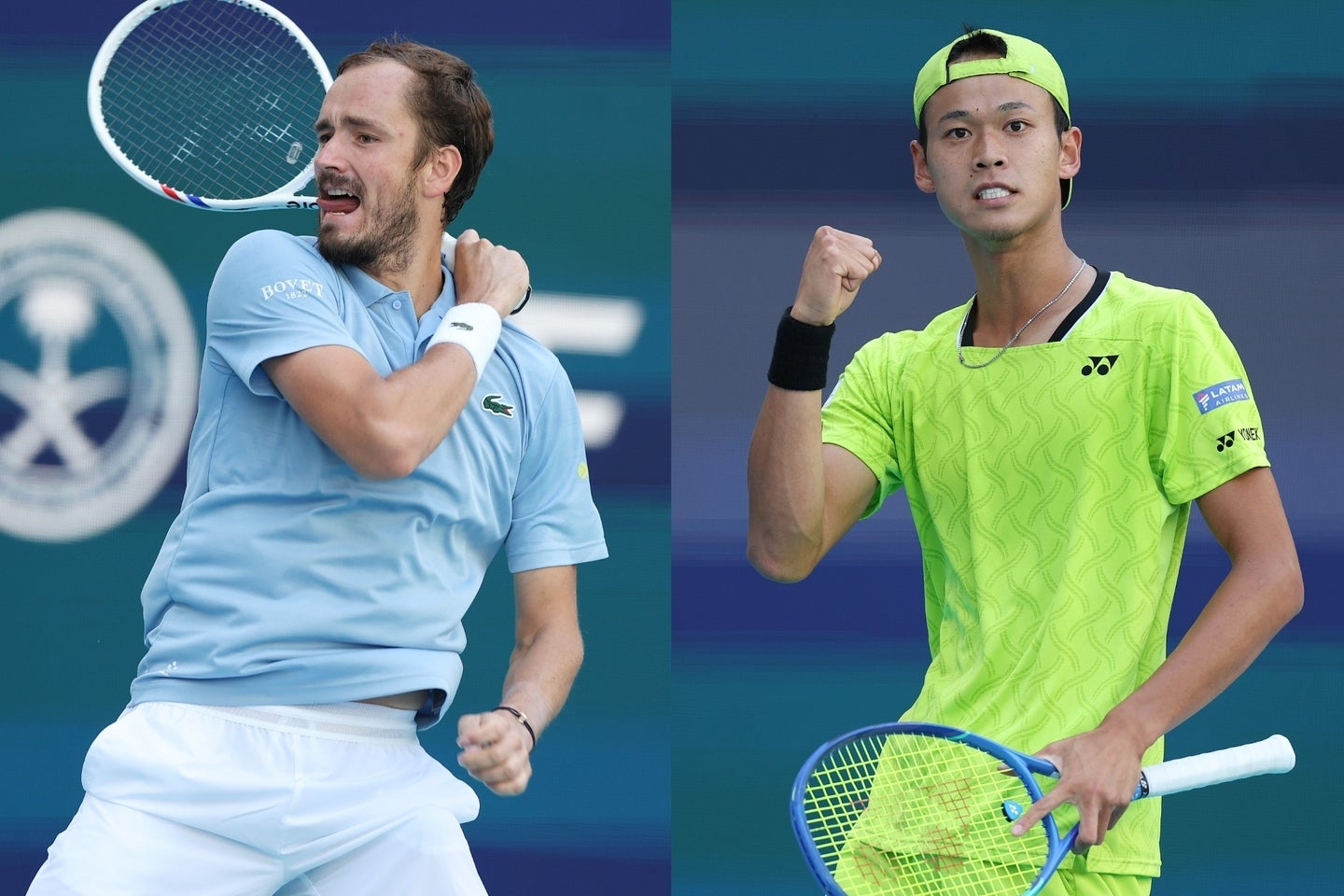 メドベージェフ（左）から第１セットを先取した坂本（右）だが、集中力のスタミナが途切れ逆転負け。力を付けるために「上の舞台にチャレンジしていきたい」と決意を固めた。(C)Getty Images