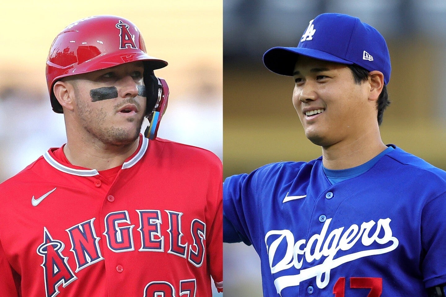 トラウト（左）の自打球に頭を抱えた大谷（右）。(C)Getty Images