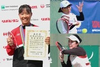 個人戦優勝の窪田結衣（写真左、右上）。持ち前の攻撃テニスで北岡美空（右下）に勝利した。写真：前道右京（スマッシュ編集部）