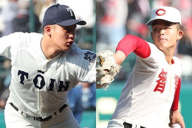 大阪桐蔭の川本（左）と智弁学園の杉本（右）。決勝はともに防御率０点台の好左腕を擁するチーム同士が相まみえる。写真：梅月智史（THE DIGEST写真部）、写真：滝川敏之