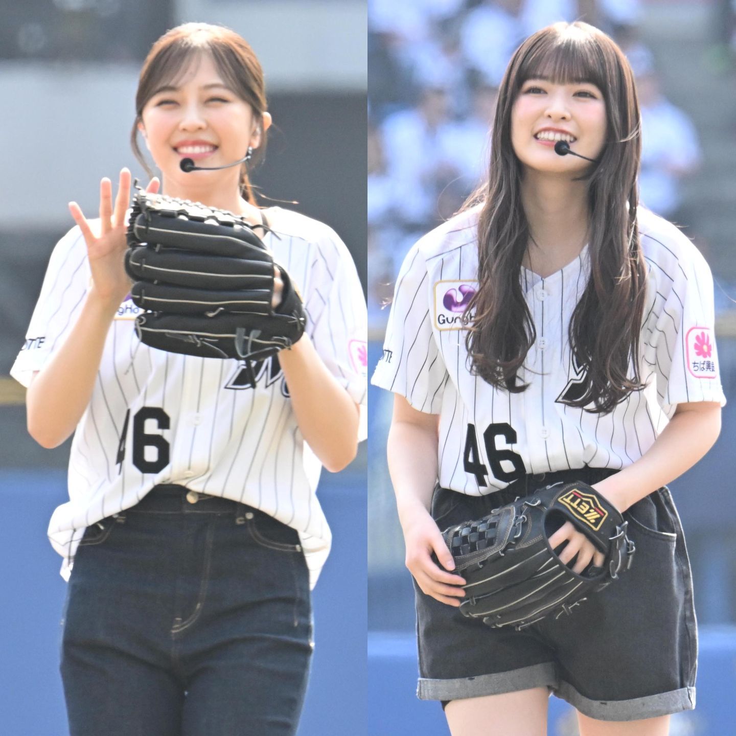 ZOZOマリンに登場した乃木坂野球部。始球式はリアルロッテファンの小川彩さん（右）と柴田柚菜さん（左）が担当した。写真：産経新聞社