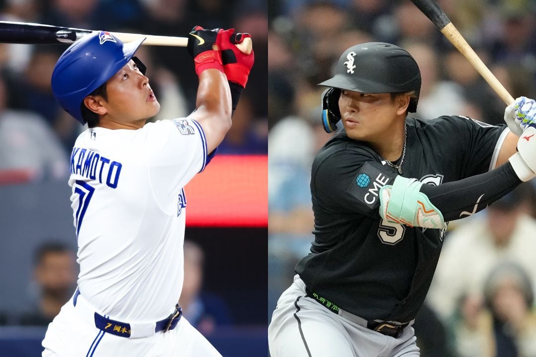 メジャー初本塁打を放ったブルージェイズの岡本（左）。３戦連続アーチのWソックスの村上（右）。（C）Getty Images