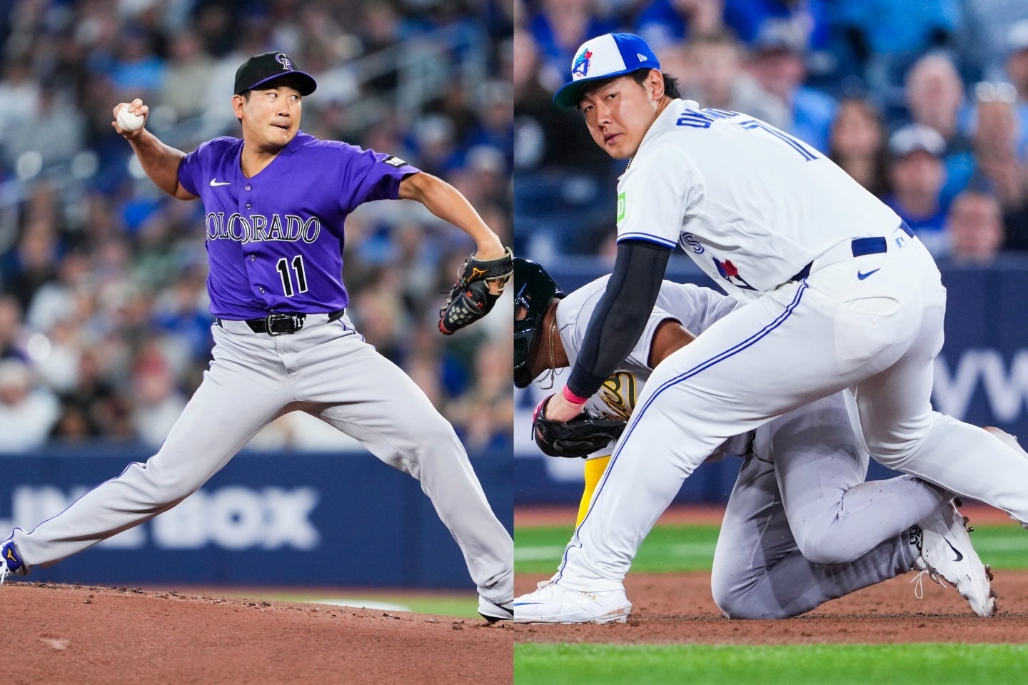 巨人時代の同僚だった菅野（左）と岡本（右）。メジャーで初対決が実現した。(C)Getty Images