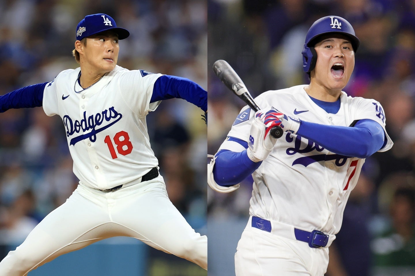 今季２度目の先発に臨んだ山本（左）は６回２失点でQSを達成したがチームは敗れた。大谷（右）は３打席ノーヒット。(C)Getty Images