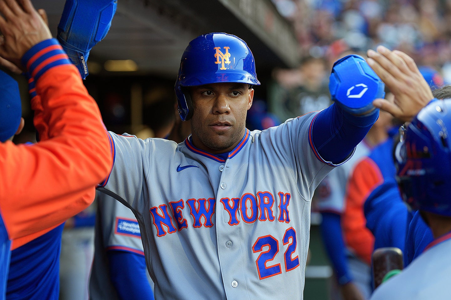 メッツのソト。１回表の走塁中に負傷した。（C）Getty Images