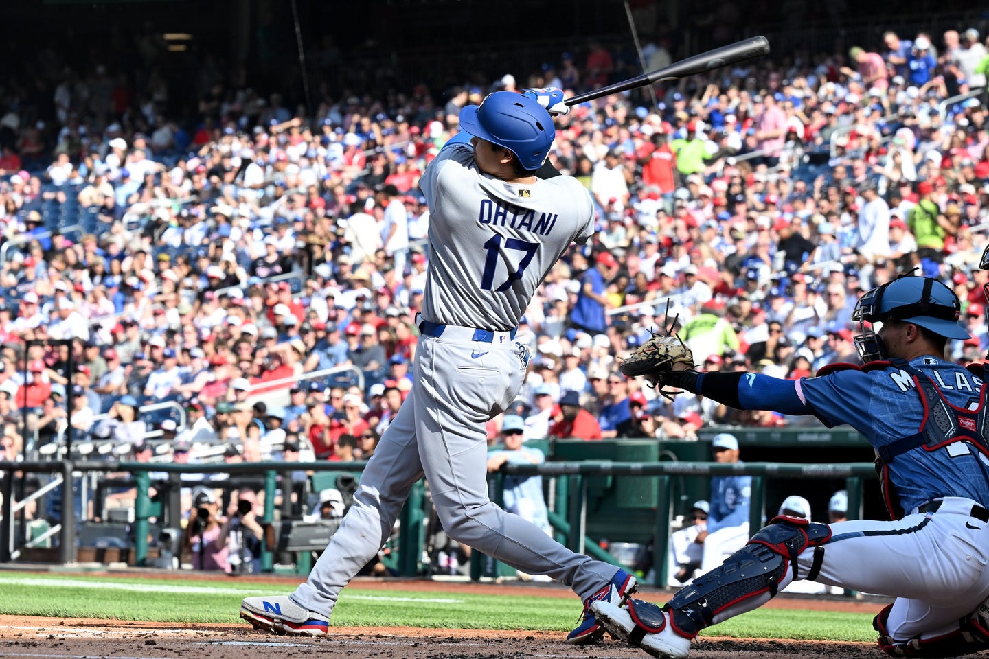 ドジャースの大谷翔平。１番・指名打者でスタメン出場し、日本選手単独３位の39試合連続出塁を記録した。（C）Getty Images