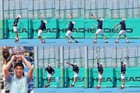 フラットサービスで球速を出す鍵は手首のスナップだと田口涼太郎プロは言う。脱力して振り上げ（５～６コマ目）、当たる瞬間に力を入れて面を外向きに返す（７～８）。例えるならムチのイメージだ。(C)THE DIGEST