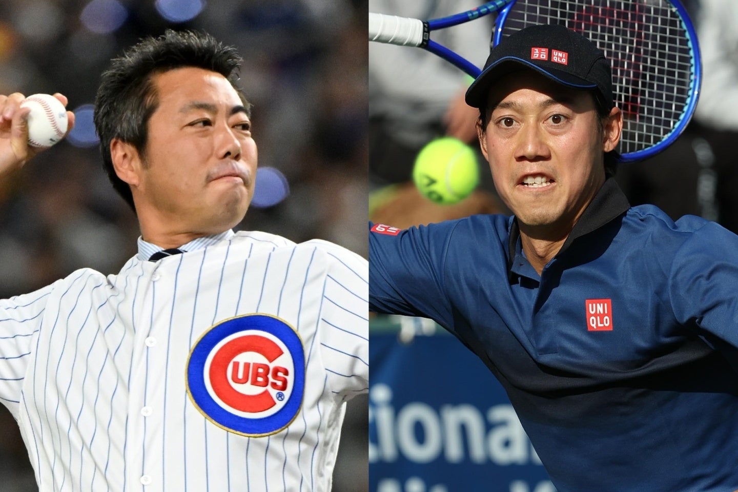上原氏（左）が錦織の試合を初観戦し、勝利を見届けた。写真：(C)Getty Images、滝川敏之