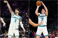 今季残り２試合時点でリーグの３ポイント成功数１位に立つカニップル(右)と２位のボール(左)。(C)Getty Images