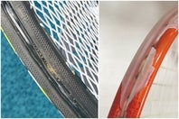 バンパーグロメットに砂粒が詰まるとガットが傷付き、切れやすくなるので、千枚通しなどで排除しよう（左）。バンパーが割れたり欠けたりするのも、フレームの破損につながるので交換が必要。写真提供：松尾高司