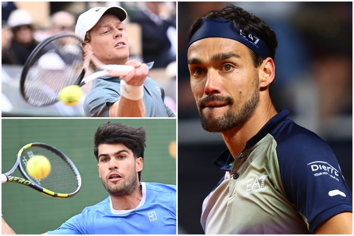 年間を通じて安定した強さを見せているシナー（左上）とアルカラス（左下）。フォニーニ氏（右）は現時点で両者に割って入る“３番手”は不在との見解を示した。（C）Getty Images