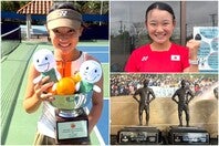 世界の舞台で戦う14歳の岩佐（右上）。登竜門「エディ・ハー」のトロフィー２つを獲得しており（右下）、昨年12月には「オレンジボウル」を制した（左）。写真提供：富士薬品セイムス ワールドチャレンジプログラム、内田暁