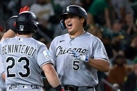 アスレティックス戦で６号特大満塁アーチを放った村上。(C)Getty Images