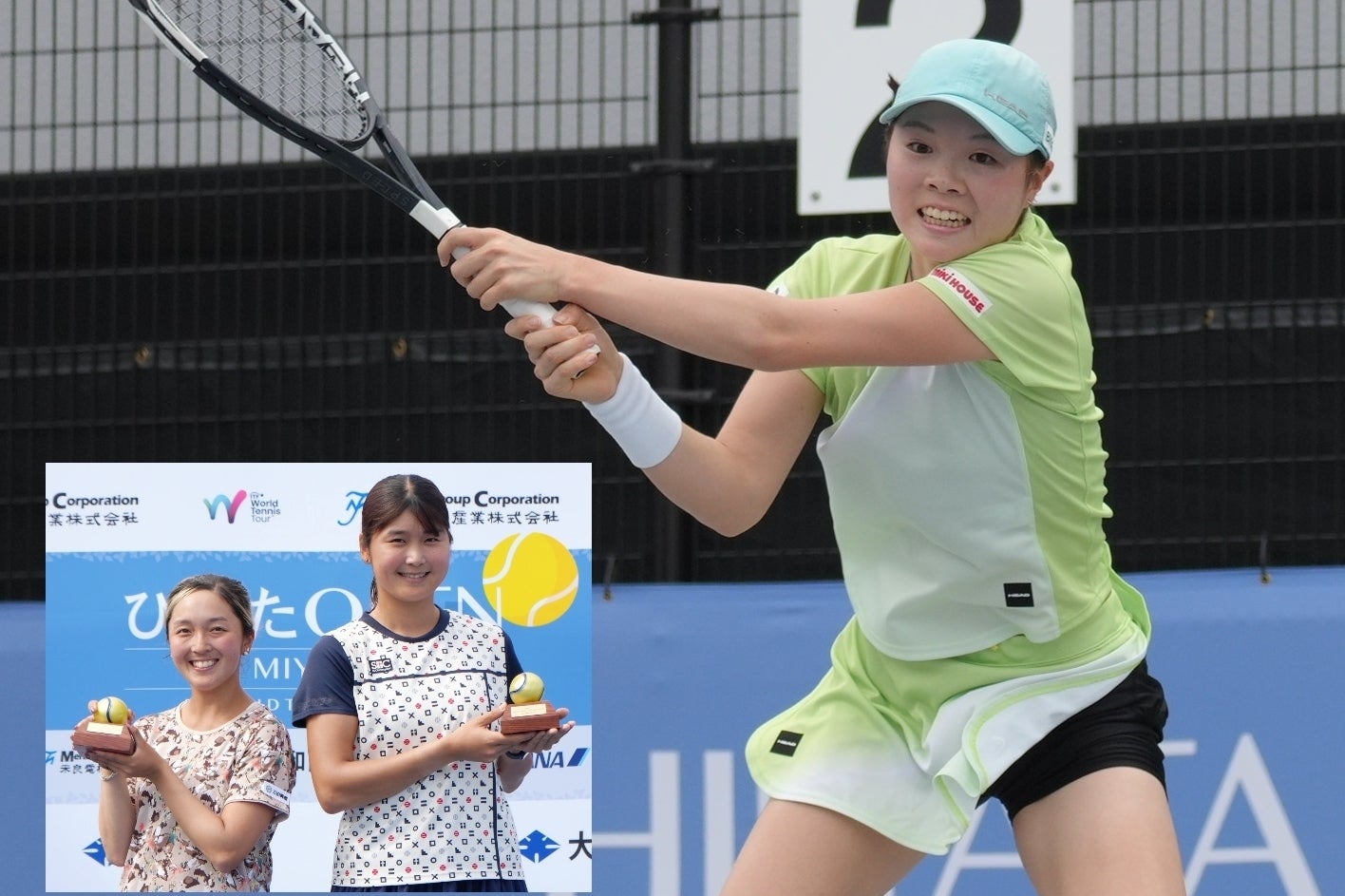 新設のITFツアー、宮崎W35で初代女王となった木下晴結。通算３勝目を挙げた。ダブルスは佐藤南帆／永田杏里（左下）が優勝。写真：(C)ひなたオープンin宮崎