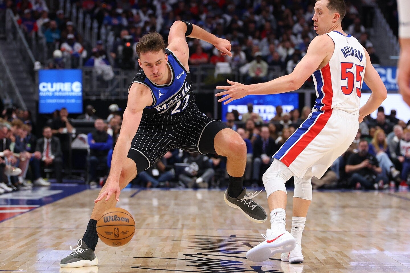 マジックはヴァグナーを含む先発全員が２桁得点をあげ、第１シードのピストンズに先制パンチを浴びせた。(C)Getty Images