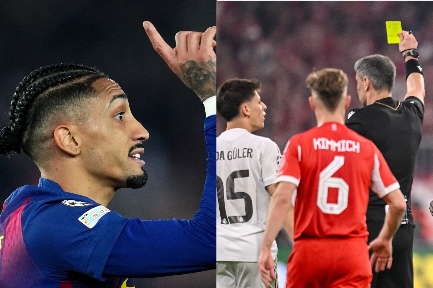 バルサのラフィーニャ（左）は審判に謝罪したが、マドリーのギュレル⑮は退場（右）。トンネル付近まで追い回したという。(C)Getty Images