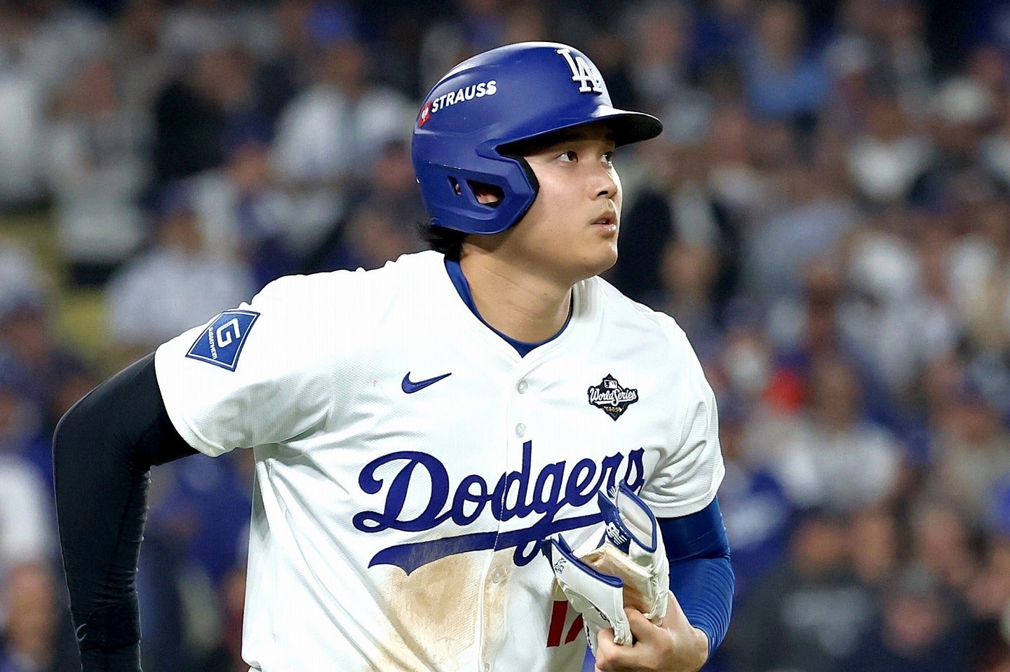 昨年のワールドシリーズ第３戦、申告敬遠で４度出塁した大谷。(C)Getty Images