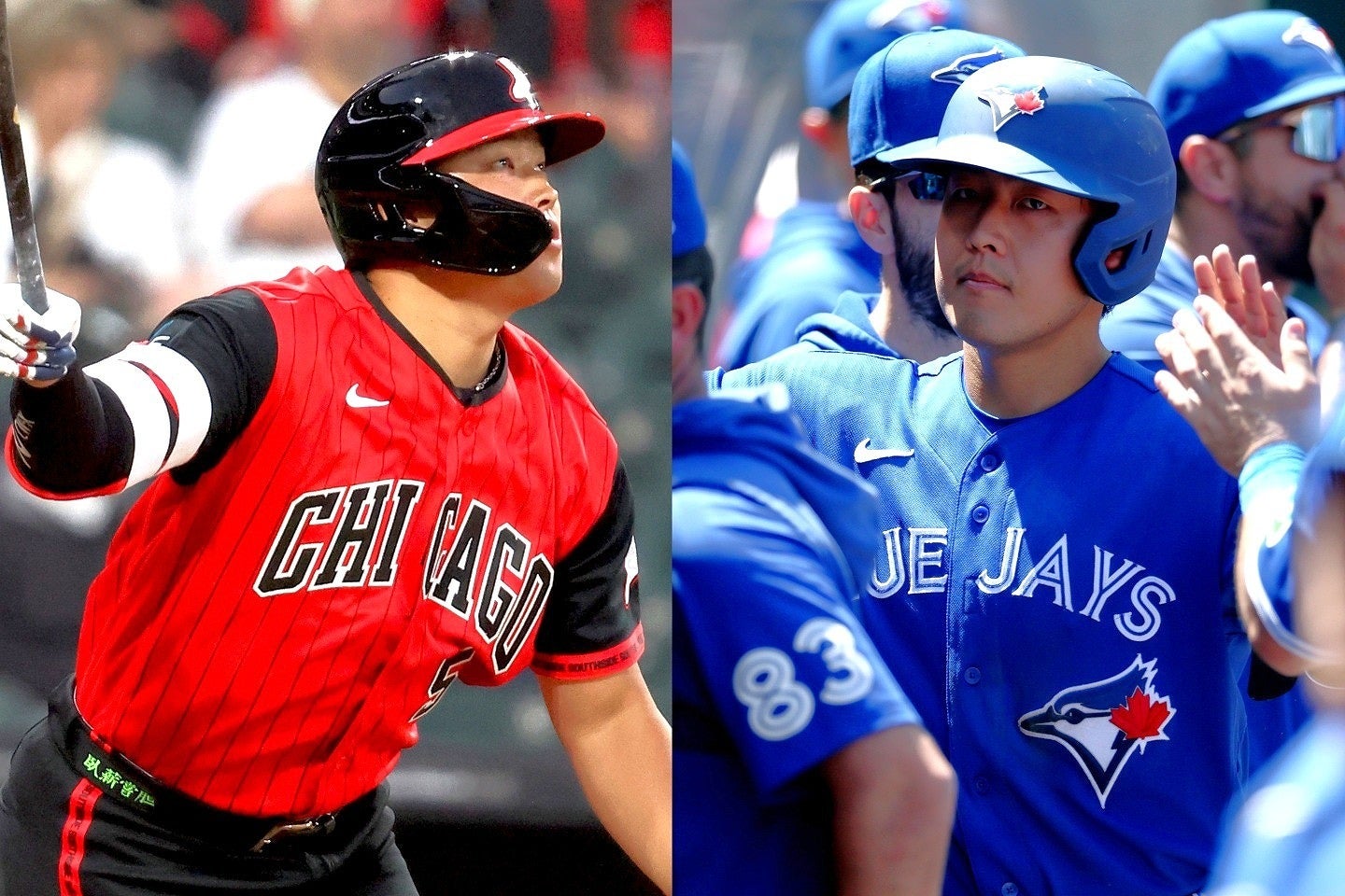 今季11号HRを放った村上（左）と４号を打った岡本（右）。(C)Getty Images