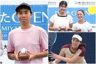 ２週連続開催の新設ITFツアーで、「WEEK１」決勝で敗れたチャン（左）が雪辱を果たした。日本勢では吉本菜月（右下）が４強入り、ダブルスは永田／佐藤（右上）が２週連続優勝を飾った。写真：(C)ひなたオープンin宮崎