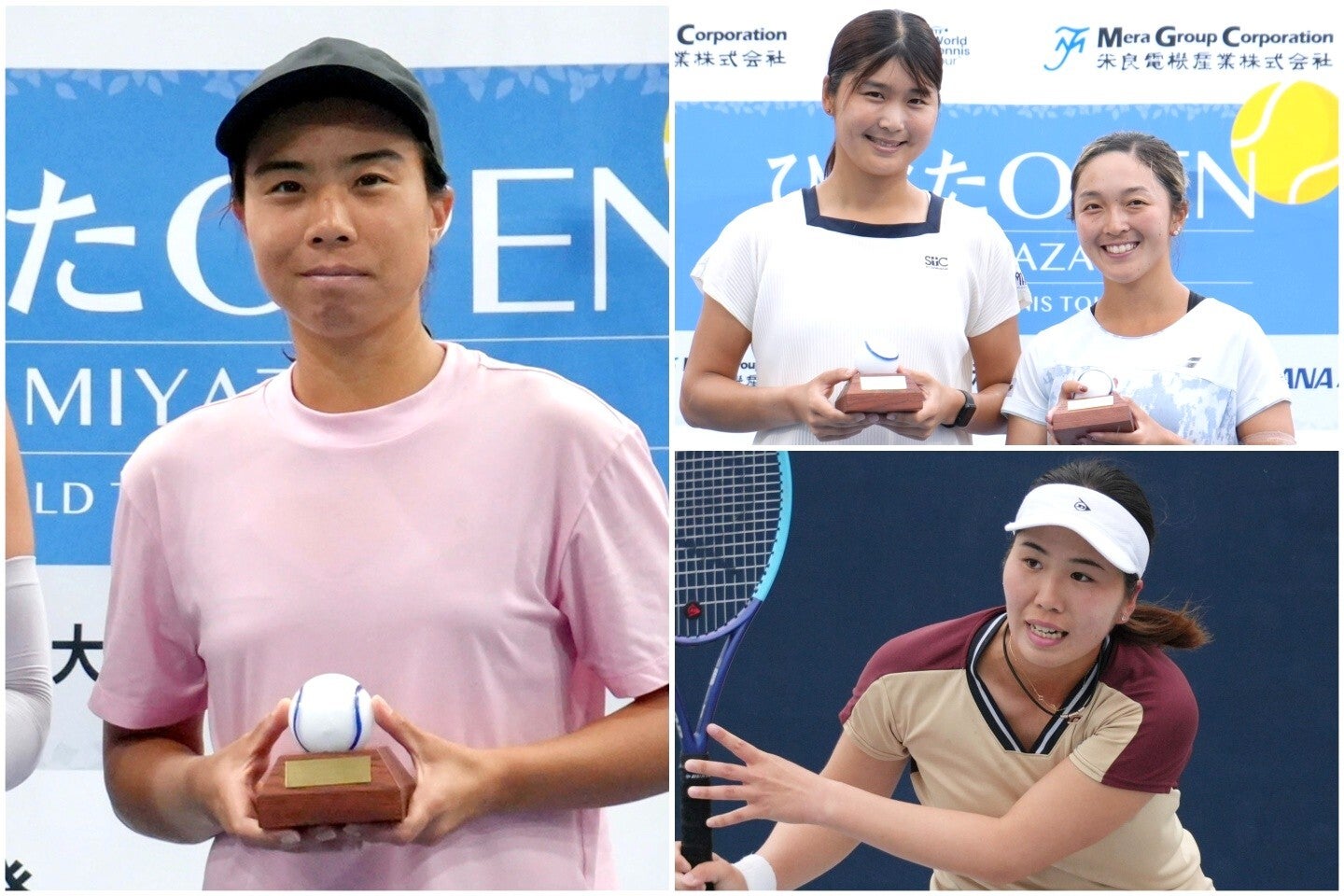 ２週連続開催の新設ITFツアーで、「WEEK１」決勝で敗れたチャン（左）が雪辱を果たした。日本勢では吉本菜月（右下）が４強入り、ダブルスは永田／佐藤（右上）が２週連続優勝を飾った。写真：(C)ひなたオープンin宮崎