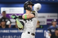 二冠を獲得した25年を上回るパフォーマンスを披露している阪神の佐藤。写真：鈴木颯太朗