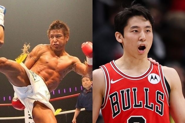 元K-1王者の魔裟斗さんとNBAシカゴ・ブルズの河村勇輝のツーショットが話題だ。写真：産経新聞社、Getty Images