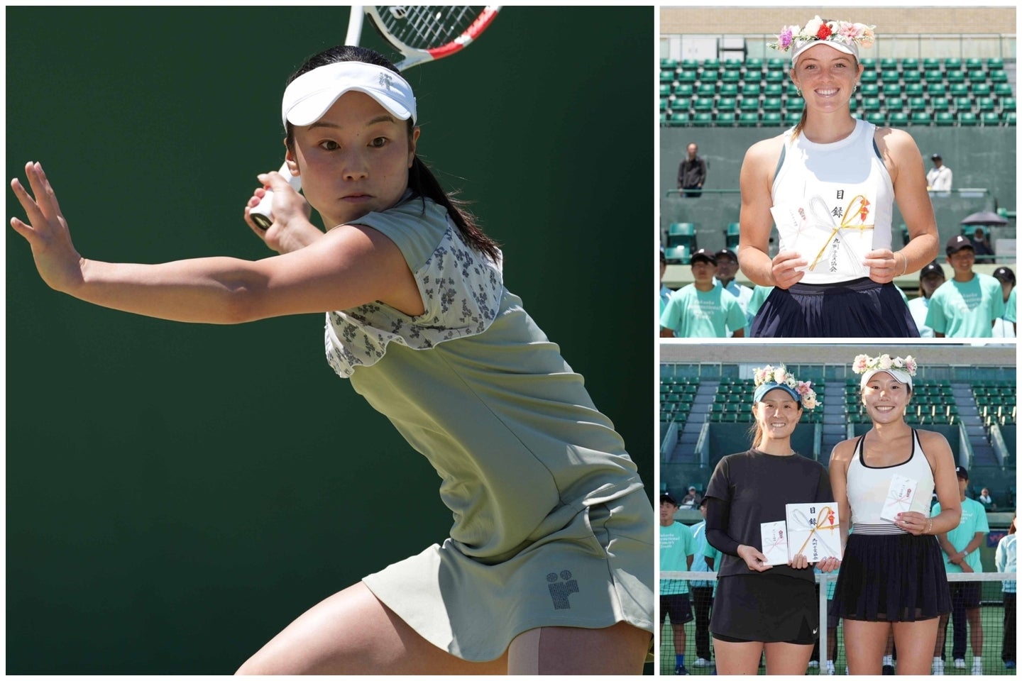 福岡国際女子テニス、シングルス準優勝の西郷里奈。今季初の決勝に進んだ（左）。優勝はスワンでITF通算17勝目（右上）。ダブルスは宮本愛弓／佐藤光が制す（右下）。写真：福岡国際女子テニス事務局